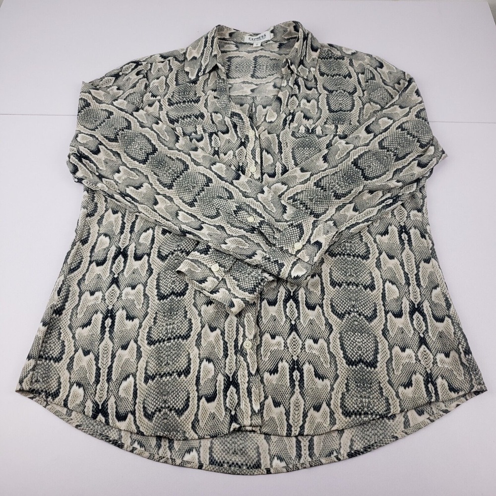 Express Portofino Blouse Women's Medium Sheer Long Roll Tab Sleeve Reptile Print